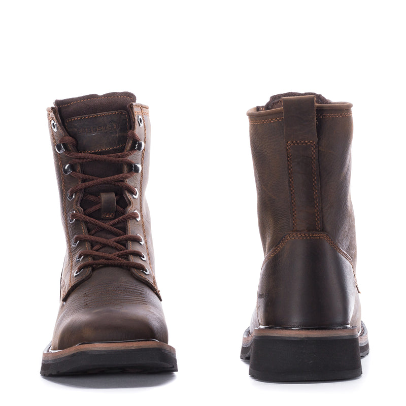 Men's Tuffy dark brown lace-up work boots shown from front and back