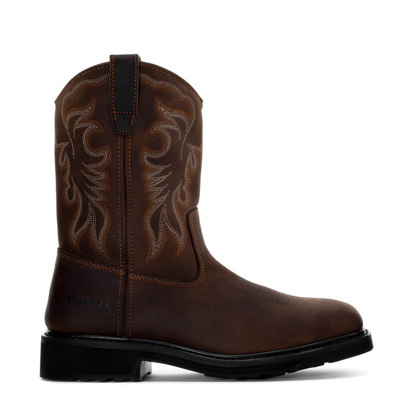Dark brown men's pull-on work boot with square toe and decorative side stitching