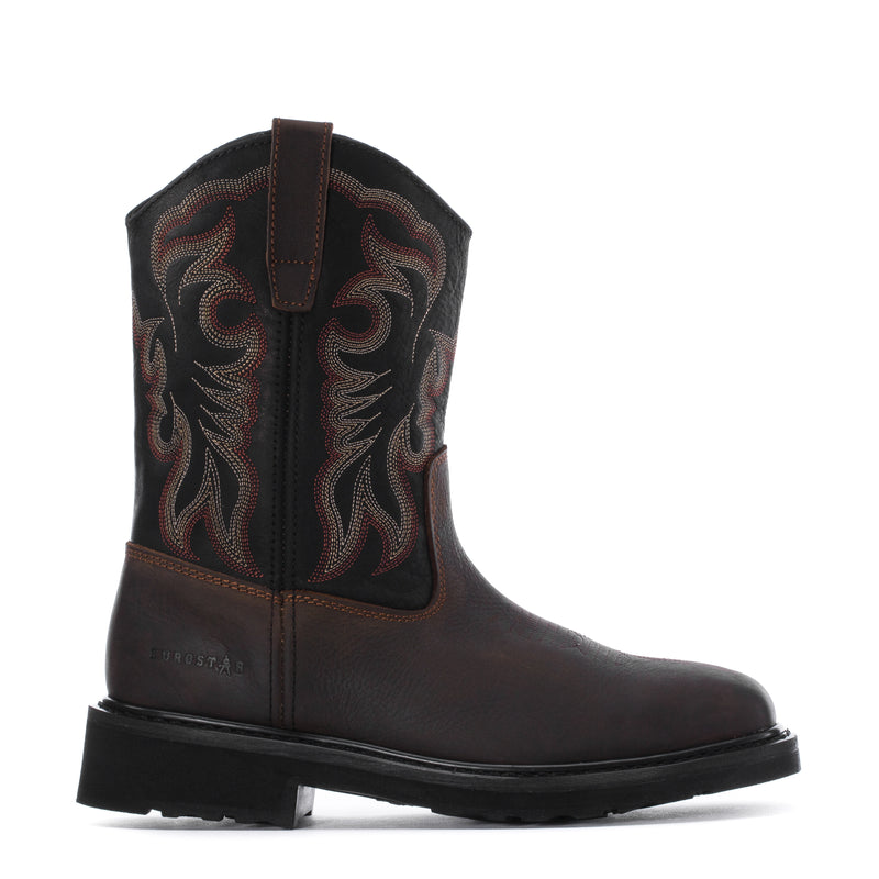 Men's square-toe steel-toe work boot, dark brown leather with embroidered side panels