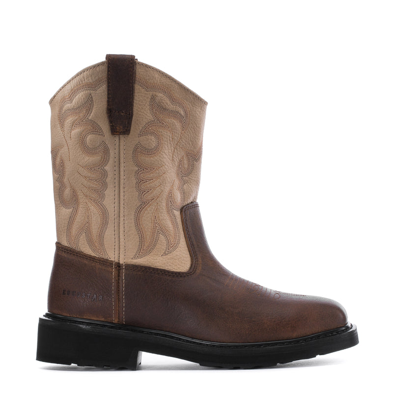 Men's tan and brown square-toe steel-toe work boots with side pull tabs