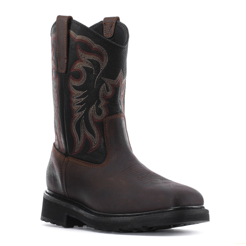 Men's square-toe steel-toe work boot, dark brown leather with pull tab and side embroidery