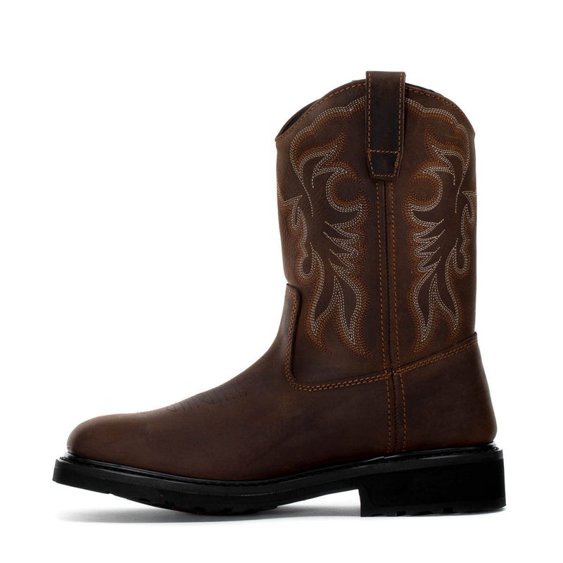 Dark brown men's pull-on work boot with raised side patterning and low profile sole