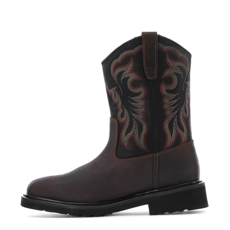 Men's square-toe steel-toe work boot, dark brown leather with front pull-on tab and embroidery