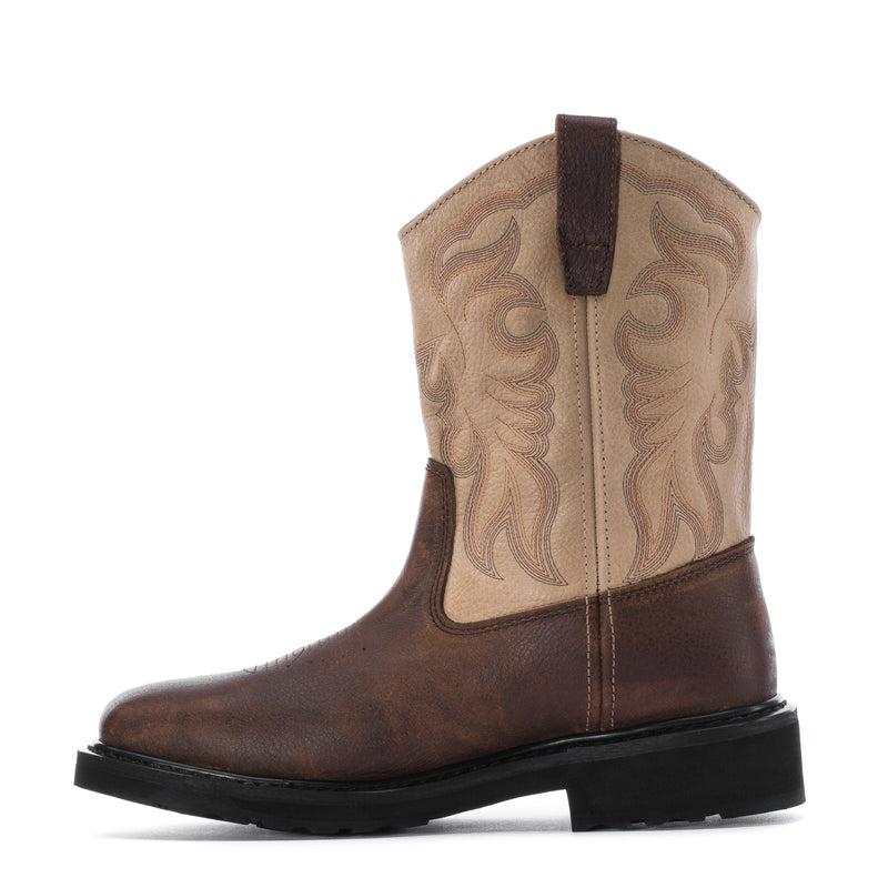 Men's tan and brown square-toe steel-toe boots, angled side view