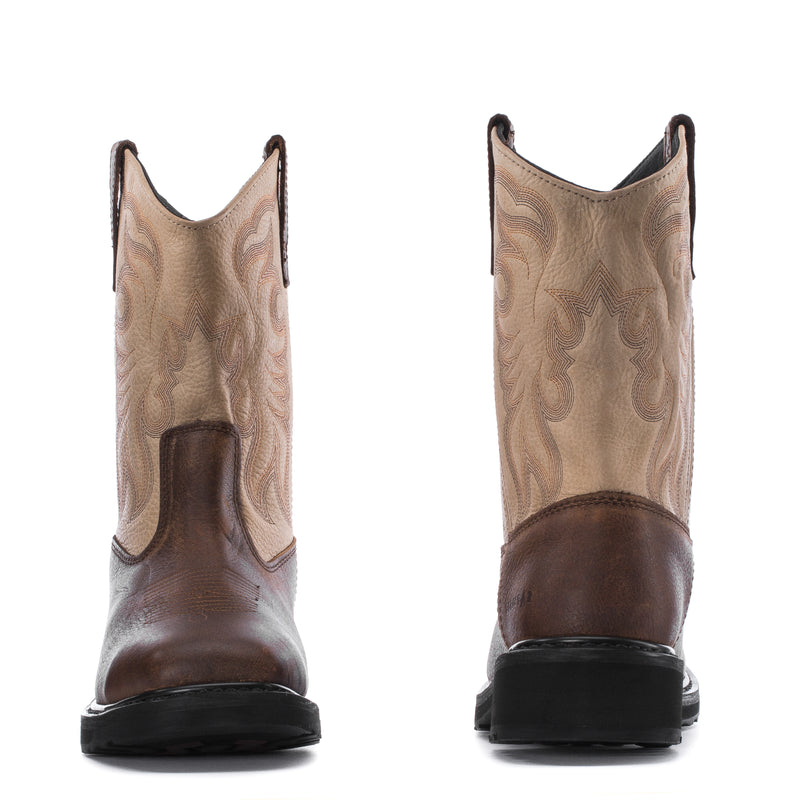 Men's tan and brown square-toe steel-toe boots, heel and toe views