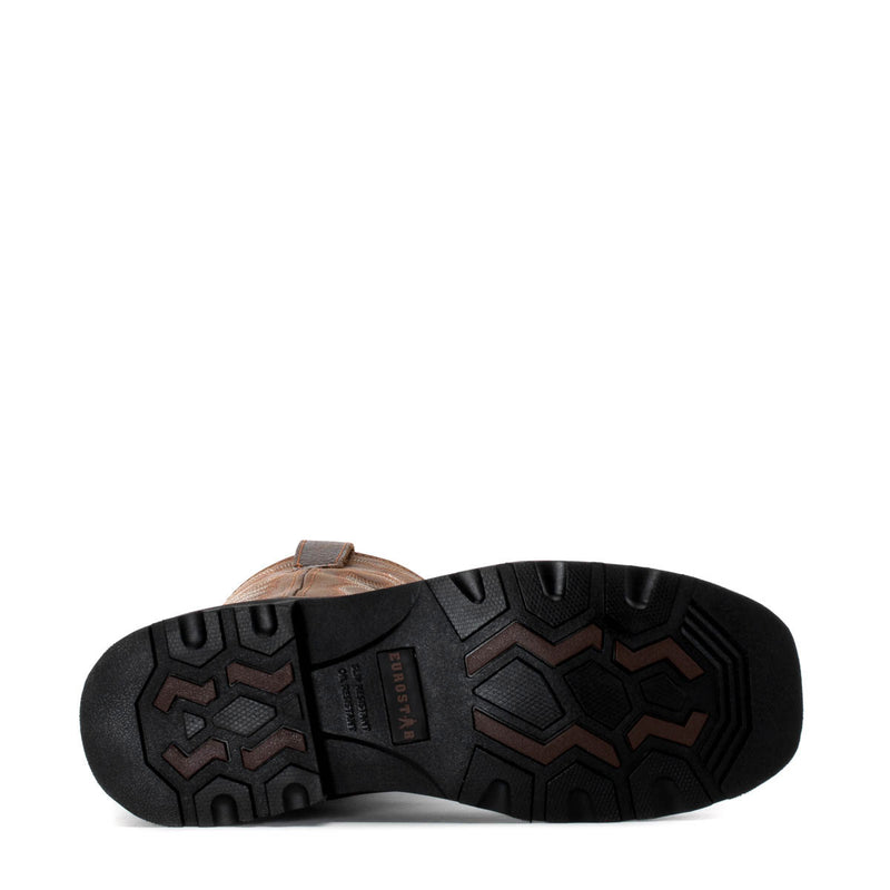 Bottom view of dark brown men's pull-on work boot with rugged black tread sole
