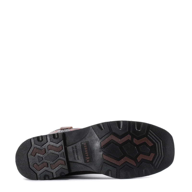 Men's steel-toe work boot outsole with textured tread and rugged traction pattern
