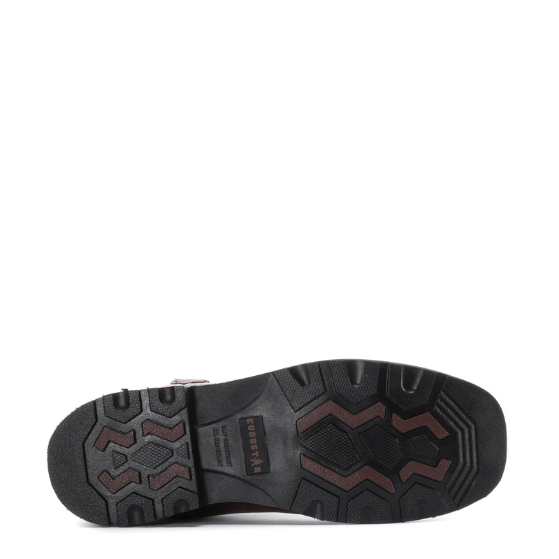 Steel-toe boot outsole with rugged black tread and geometric pattern