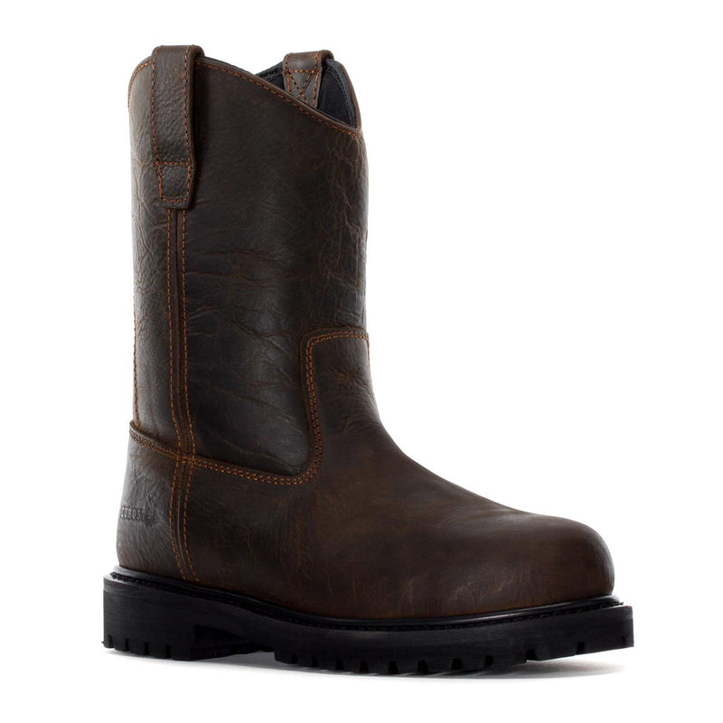 Men's steel-toe work boot, dark brown leather, side view with pull tab and lug sole