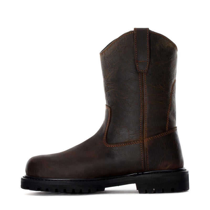 Men's steel-toe work boot, dark brown leather, angled side profile with lug outsole