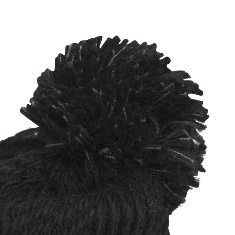 Black knit beanie pom-pom top, textured chunky knit construction