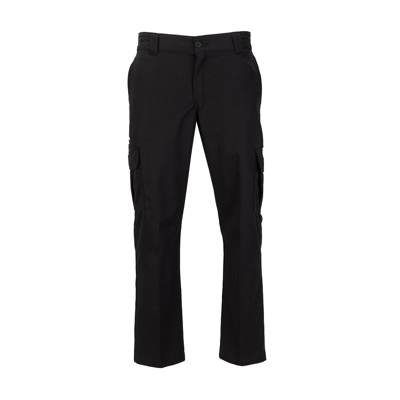 Black men's twill cargo pants with buttoned waistband and belt loops