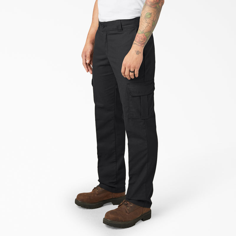 Black men's twill cargo pants with side cargo pockets and straight leg