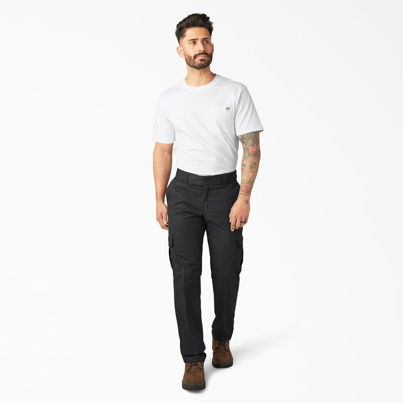 Black men's twill cargo pants with side cargo pockets and cuffed hem