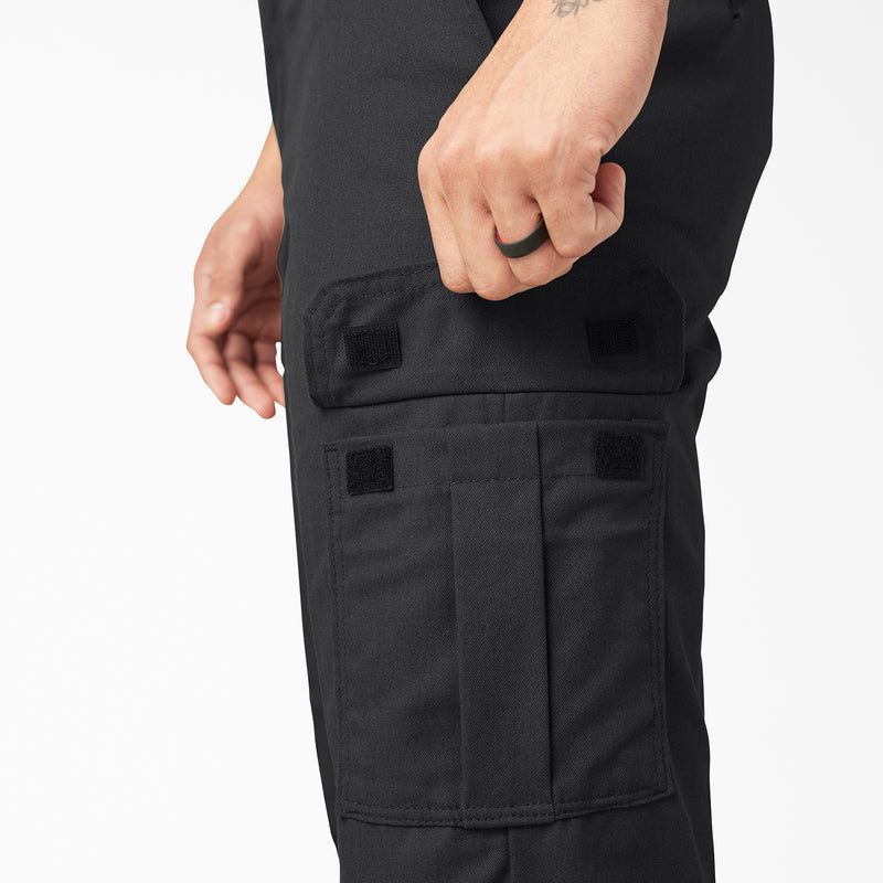Black twill cargo pocket with snap flap and stitched pocket openings