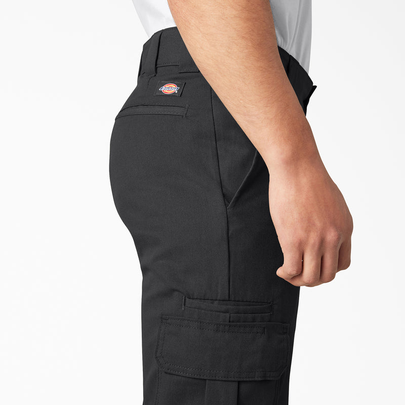 Black twill cargo pants with large side cargo pocket and front seam