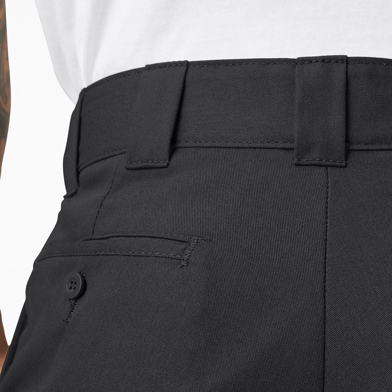 Black twill pants waistband with front button and belt-loop details