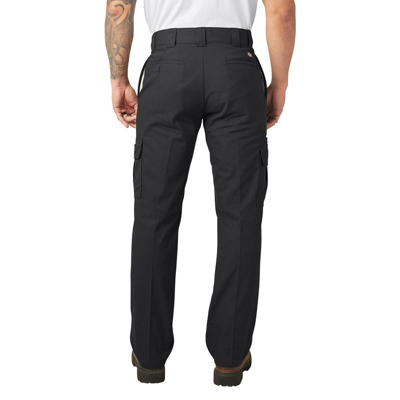 Black men's twill cargo pants back view with belt loops and cargo design