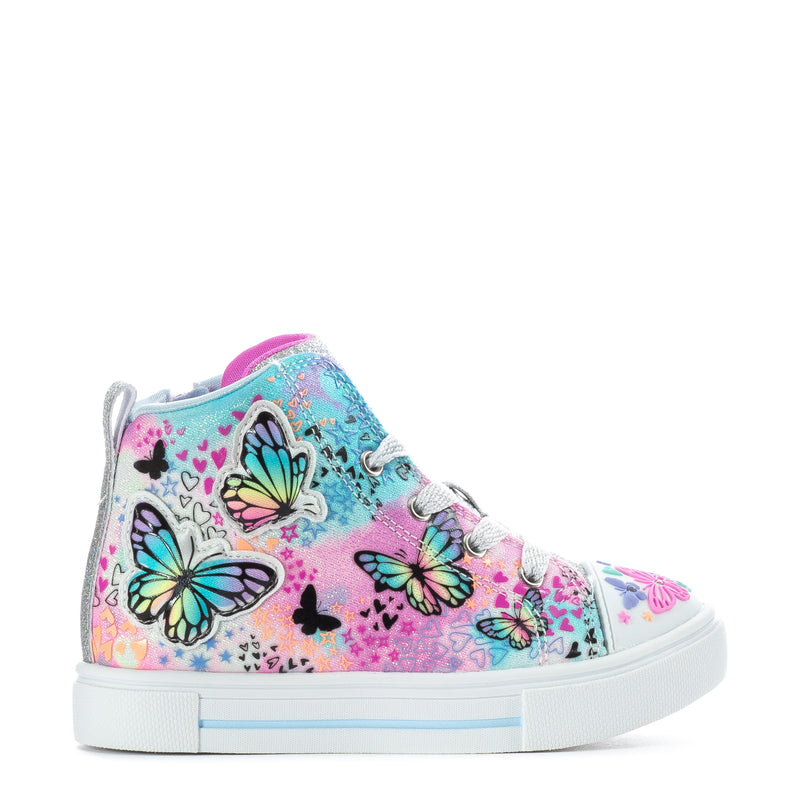 Toddler high-top sneakers in blue and pink with butterfly print, laces, and white sole