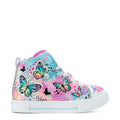 Toddler high-top sneakers in blue and pink with butterfly print, laces, and white sole