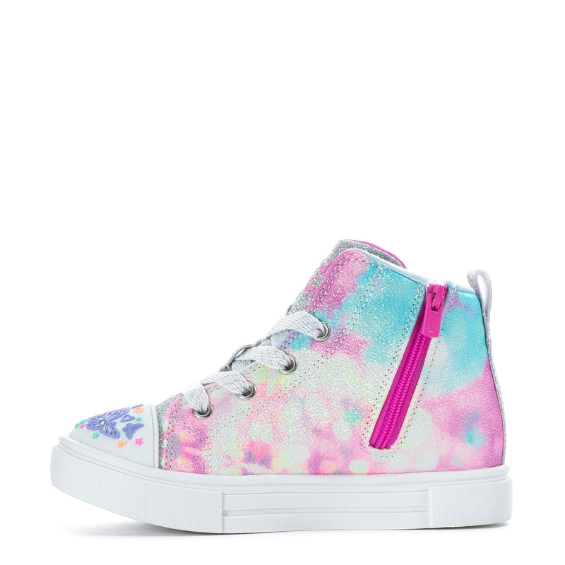 Toddler high-top sneakers with glittery pink-blue upper, pink side zipper, lace-up