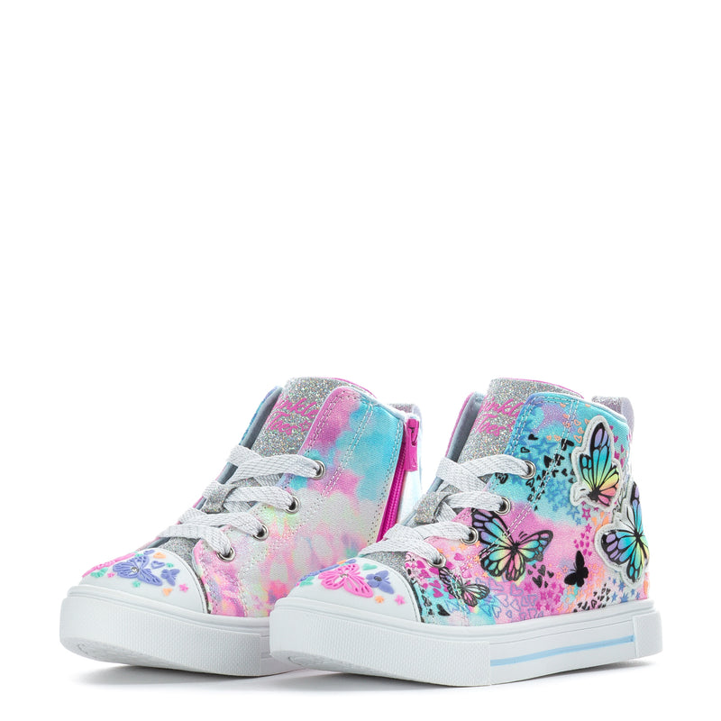 Toddler pair of glitter high-top sneakers, butterfly patches, pink zipper, white rubber sole