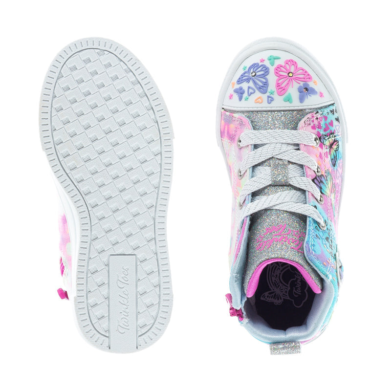 Toddler sneakers—front and outsole view; butterfly lace-up with textured white tread sole