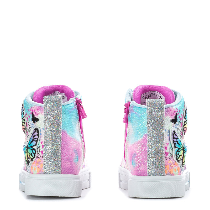 Toddler high-top sneakers heel view with pink collar, glitter strap, SKECHERS heel patch