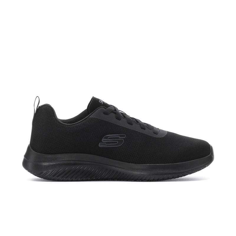 Men's black lace-up sneaker with Skechers S logo and textured rubber sole