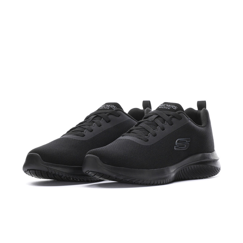 Men's black lace-up sneaker, low profile, side view with Skechers logo