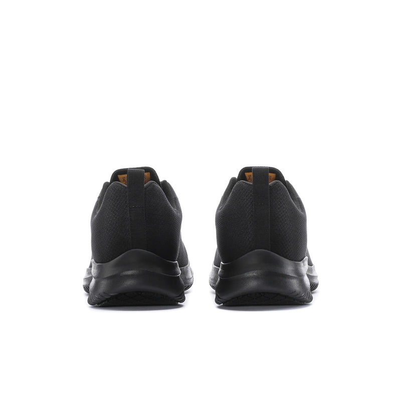 Men's black knit sneaker heel view with pull tab and cushioned collar