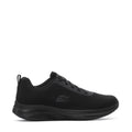 Women’s black lace-up knit sneaker with textured rubber sole and side logo detail.
