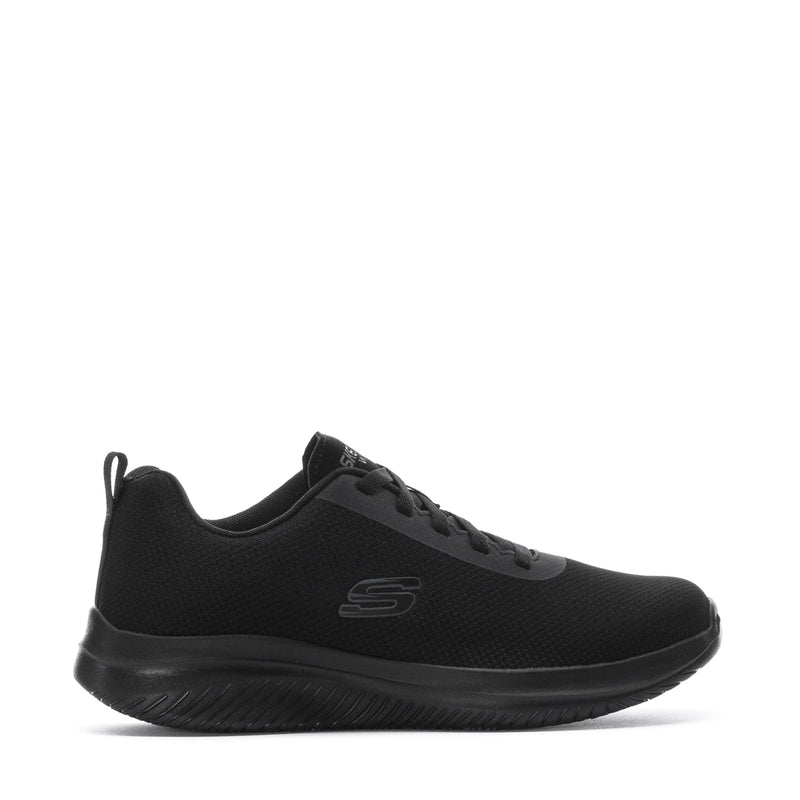 Women’s black lace-up knit sneaker with textured rubber sole and side logo detail.