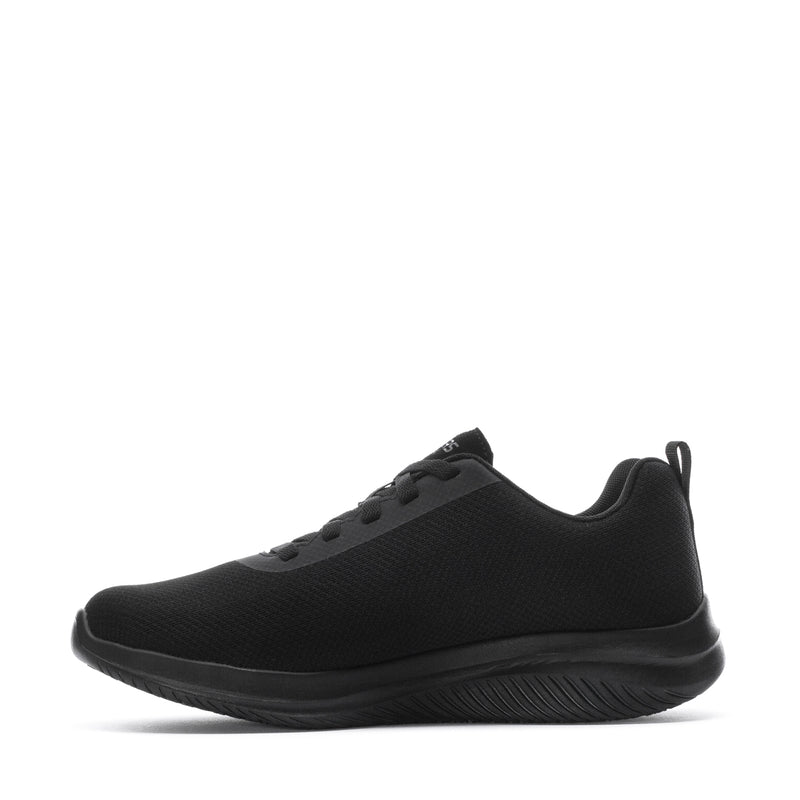 Women’s black lace-up knit sneaker, side view with low-profile cushioned sole.