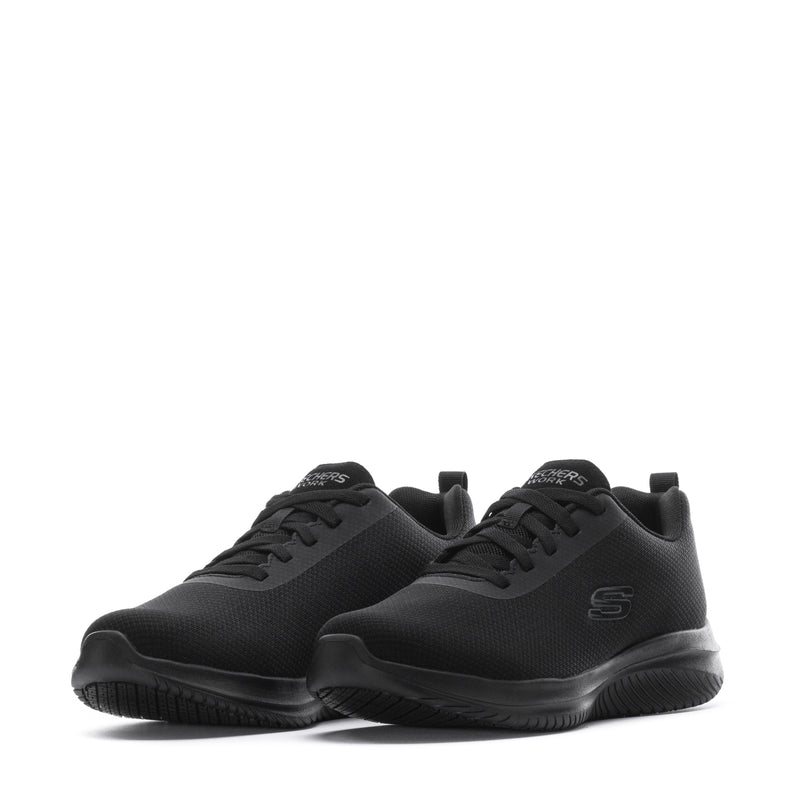 Women’s black lace-up knit sneakers shown side-by-side, with front toe and lace eyelets.