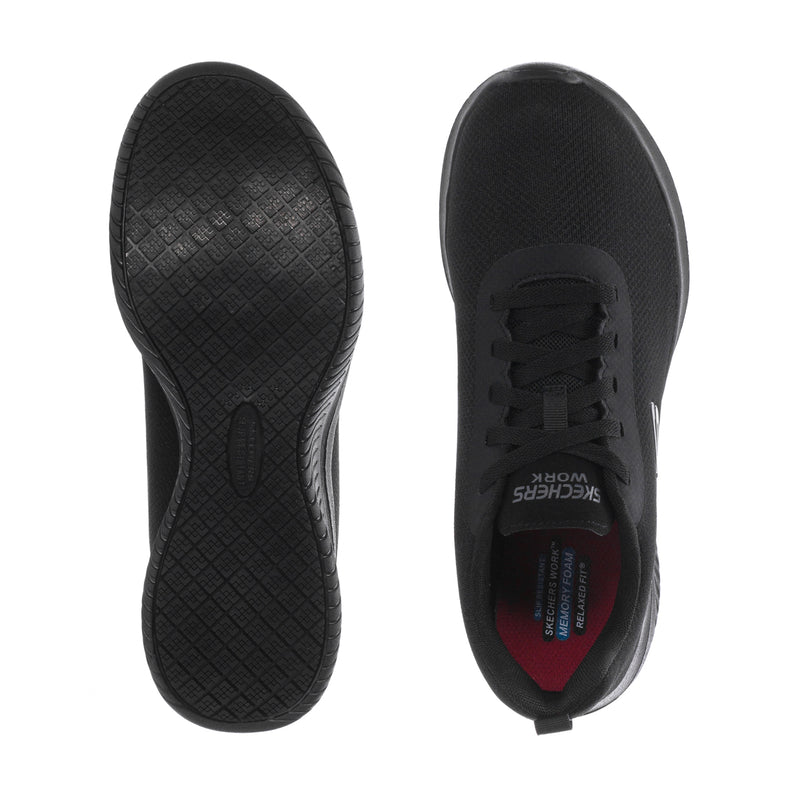 Women’s black sneaker outsole and inner side, showing tread pattern and cushioned footbed.