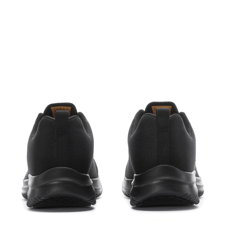 Women’s black sneaker heel view with pull tab, padded collar, and textured sole tread.