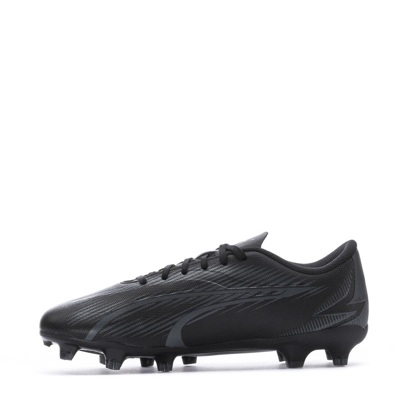 Youth Puma soccer cleats, black upper with copper rose side stripe, FG/AG studs