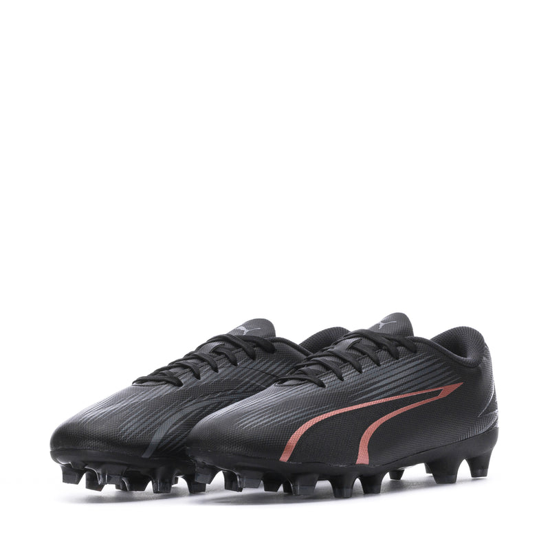 Youth Puma soccer cleats, black with copper rose forefoot accent, FG/AG studs