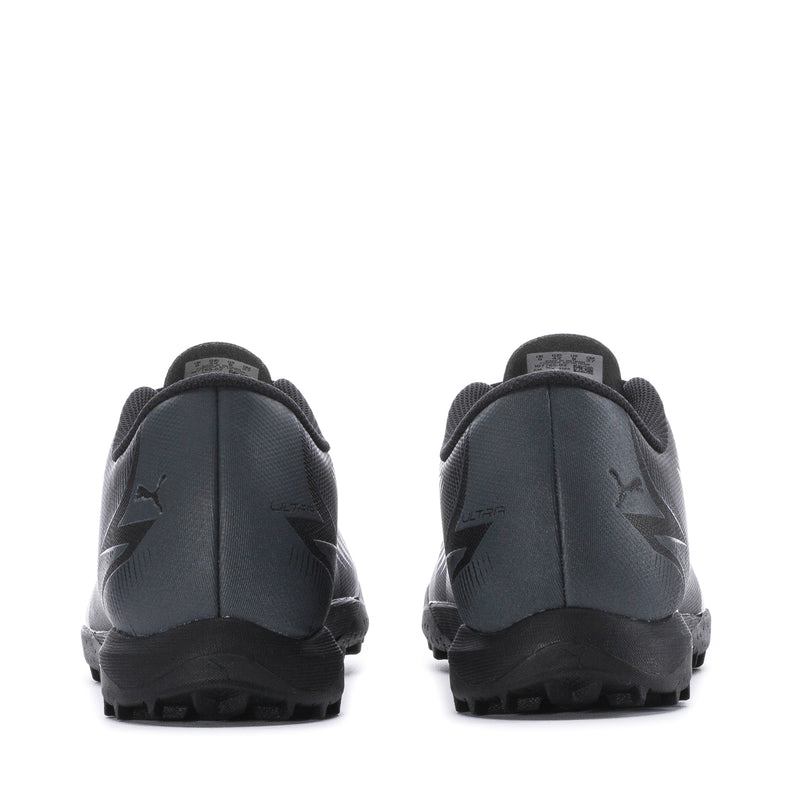 Puma turf soccer shoes back view, black with heel branding, lace-up closure.