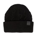 Black cable-knit beanie with folded rib cuff and cable stitch pattern.