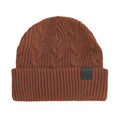 Brown cable-knit beanie with folded ribbed cuff and small leather-look logo patch