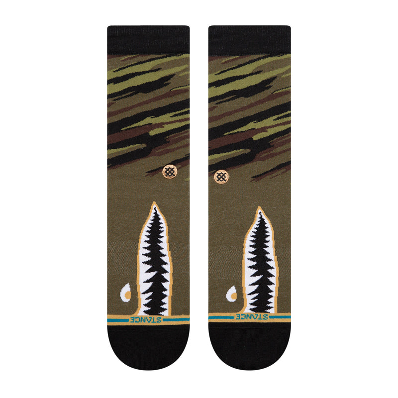 Olive camo crew socks with black toe and pine tree plus moon graphic