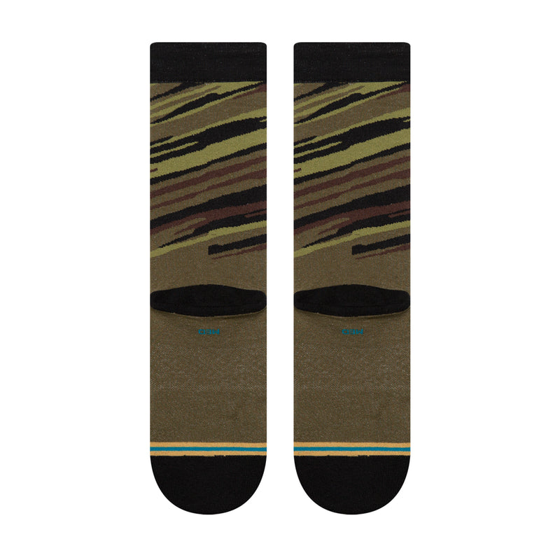 Olive camo crew socks with black toe and blue stripe accent at heel