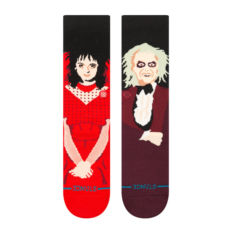 Unisex crew socks, two-pack: girl and dog portrait designs in red and maroon