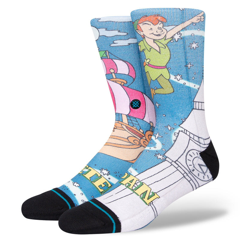 Unisex crew socks in blue with Peter Pan and ship graphic, ribbed cuff