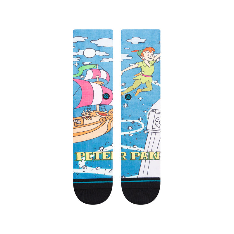 Unisex crew socks, blue with Peter Pan and ship prints, 'PETER PAN' on shaft