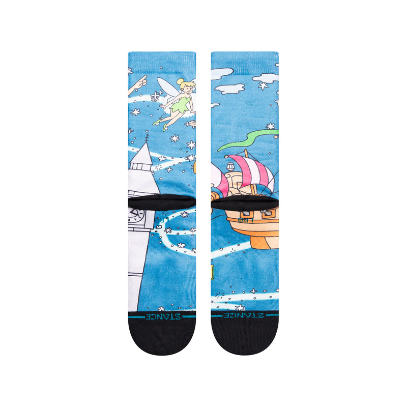 Unisex crew socks, blue with Peter Pan and ship artwork, black toe and heel
