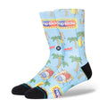 Unisex crew socks, light blue popsicle and palm tree print with black toe and heel