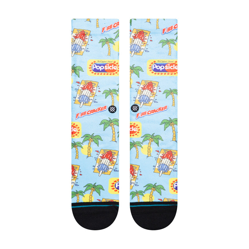 Unisex crew sock pair, light blue popsicle and palm print with black cuffs and toe